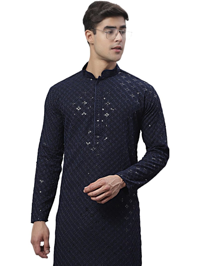 Jompers Men's Chikankari Embroidered and Sequence Kurtas Only (Navy, XXL) - Image 1