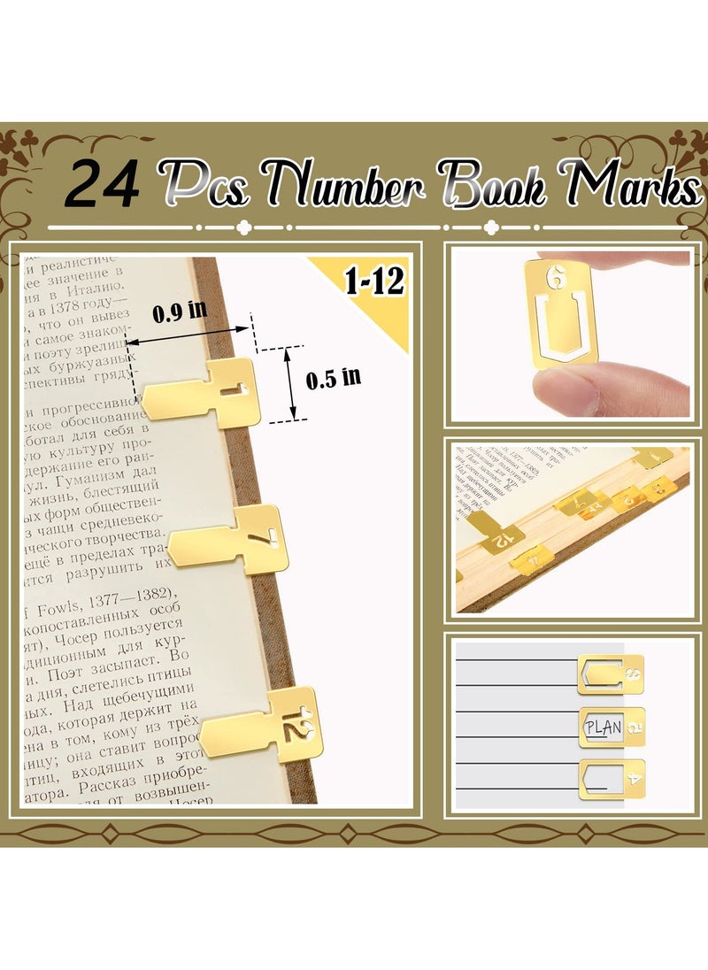 SYOSI - SYOSI 24 Pcs Metal Bookmarks, Number Bookmarks Brass Metal Clip Bookmarks for Page Mark for Teachers Students Book Lovers (Gold) - Image 1