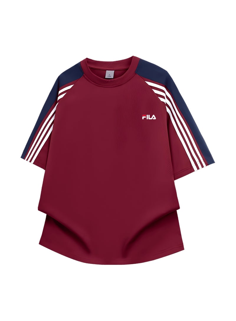 FILA shoulder-thrust three-bar contrast color short-sleeved T-shirt for men and women loose retro couple half sleeve shirt - Image 3