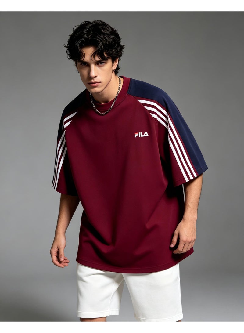 FILA shoulder-thrust three-bar contrast color short-sleeved T-shirt for men and women loose retro couple half sleeve shirt - Image 5