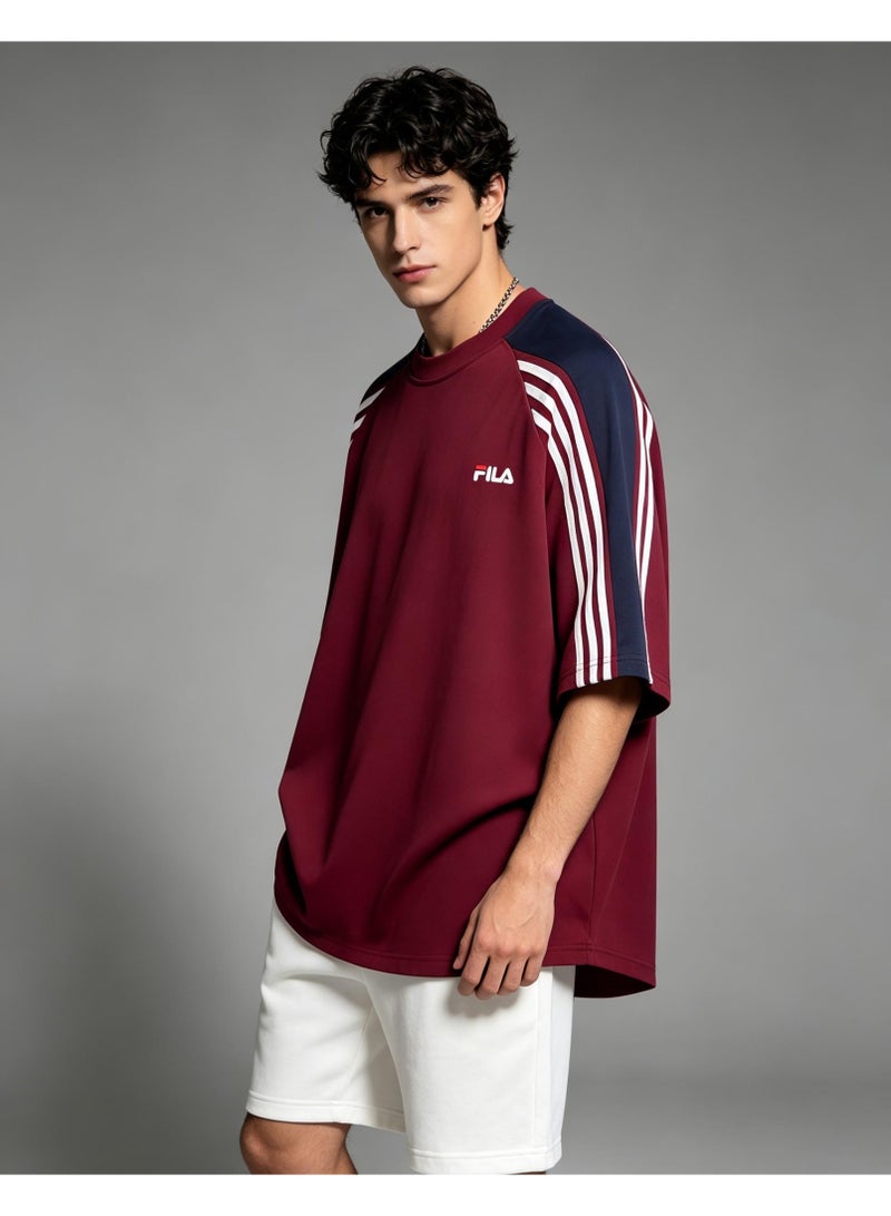FILA shoulder-thrust three-bar contrast color short-sleeved T-shirt for men and women loose retro couple half sleeve shirt - Image 4