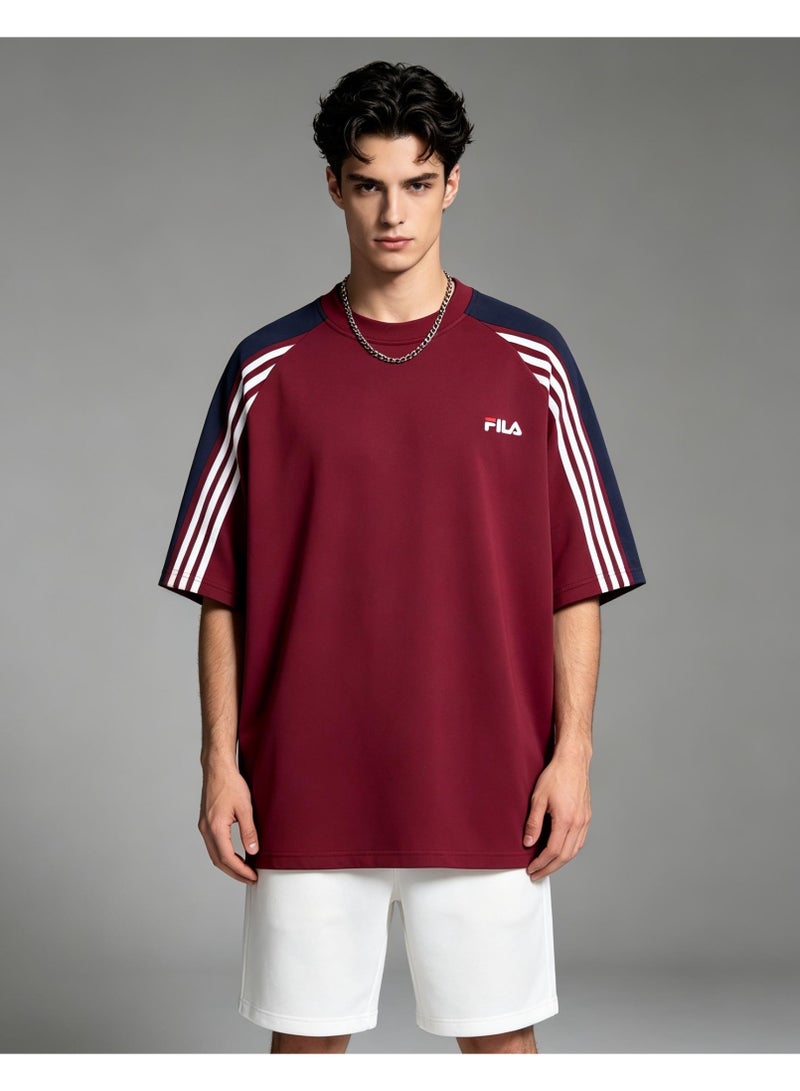 FILA shoulder-thrust three-bar contrast color short-sleeved T-shirt for men and women loose retro couple half sleeve shirt - Image 2