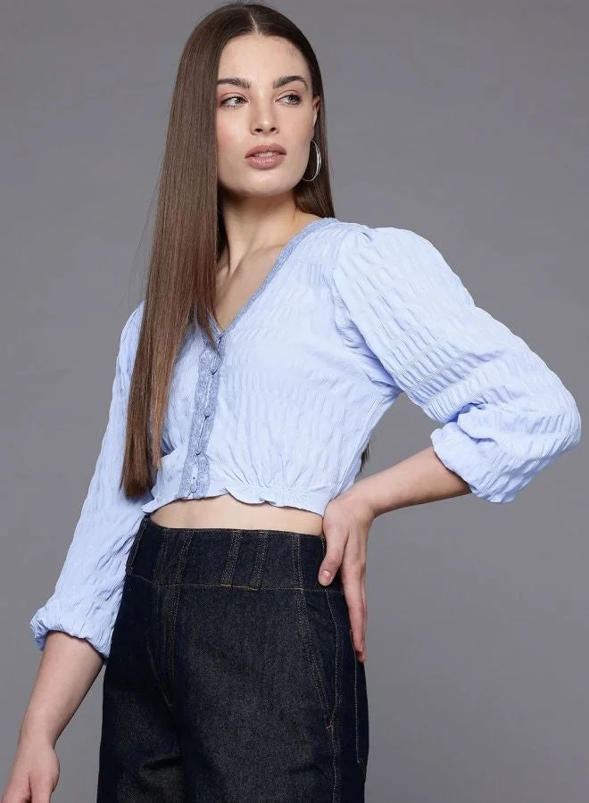 Women Regular Fit Textured V-Neck Long Sleeve Gathered Waist Top