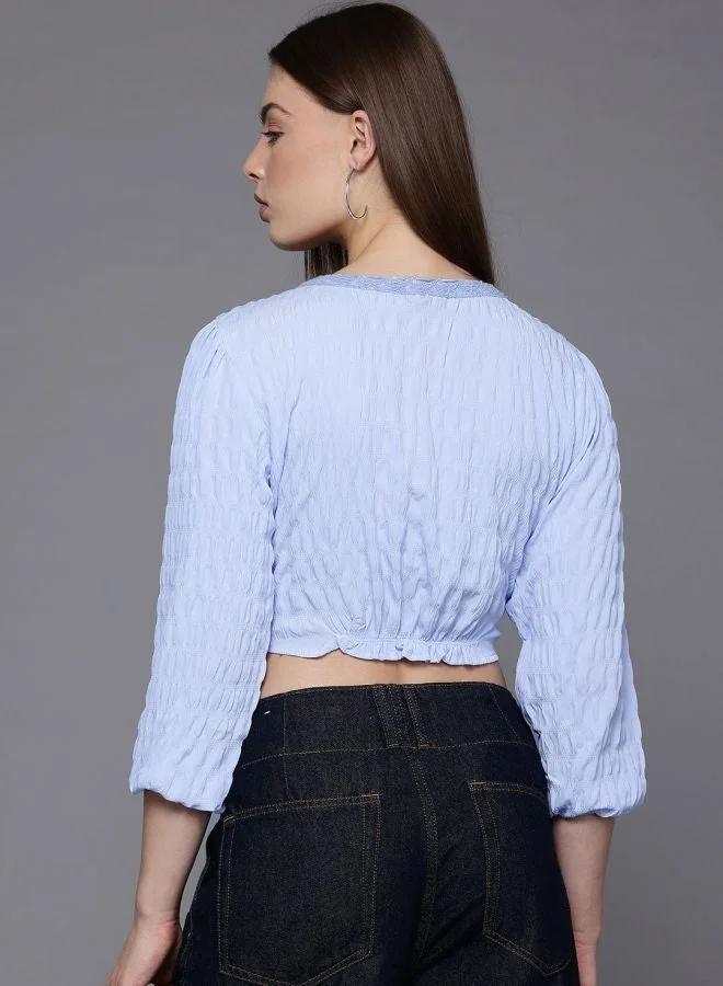 Freehand  Women Regular Fit Textured V-Neck Long Sleeve Gathered Waist Top  | Best Price UAE
