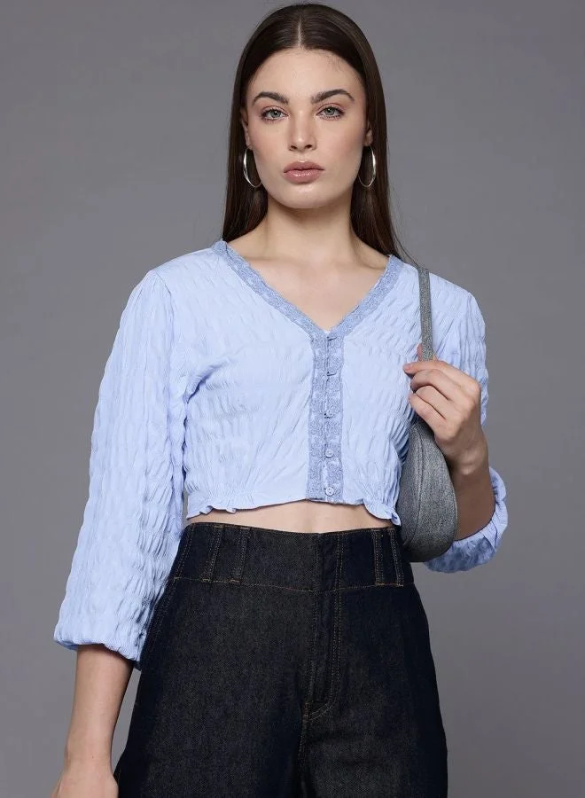 Freehand  Women Regular Fit Textured V-Neck Long Sleeve Gathered Waist Top  | Best Price UAE