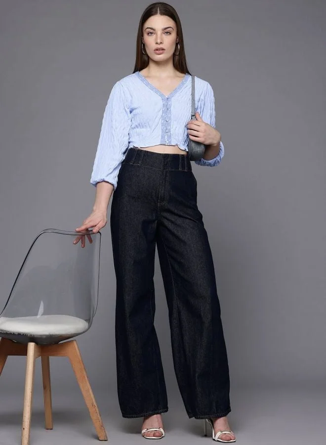 Freehand  Women Regular Fit Textured V-Neck Long Sleeve Gathered Waist Top  | Best Price UAE
