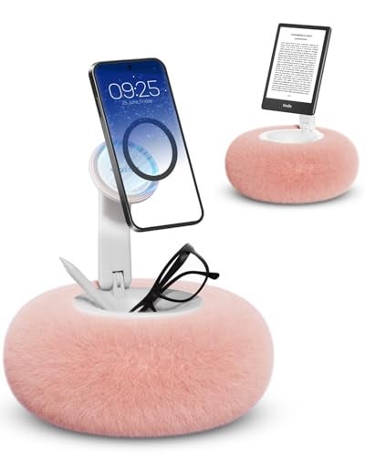 Viozon Phone Holder for Bed, Magnetic Pillow Stand, Compatible with 4-7" Phone/Kindle with Small Storage, Removable Suction Base for Stability, Idea for Kindle Reading and Video Watching On Bed,Pink - Image 1