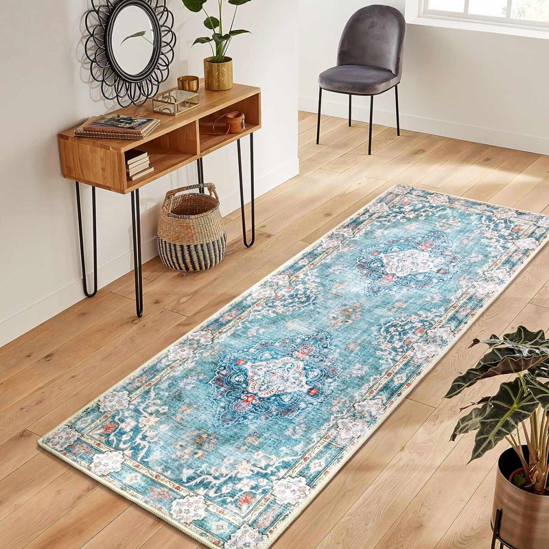 MUJOO Hallway Runner Rug - Machine Washable, Non Slip Boho Teal Rug for Hallways, Entryway, Kitchen, Bathroom, Bedside - Retro Soft Low-Pile 2'x6' Blue Blossom - Image 2