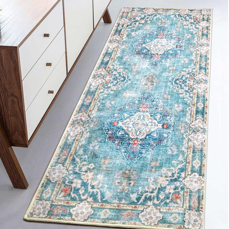 MUJOO Hallway Runner Rug - Machine Washable, Non Slip Boho Teal Rug for Hallways, Entryway, Kitchen, Bathroom, Bedside - Retro Soft Low-Pile 2'x6' Blue Blossom - Image 1