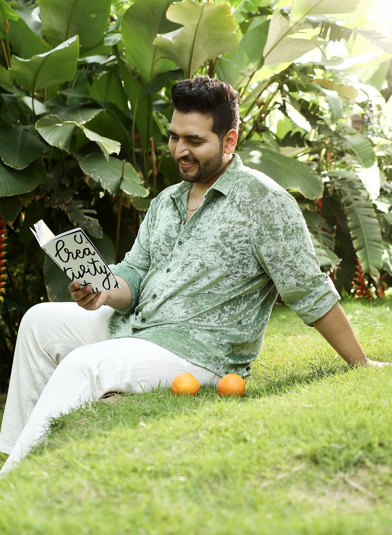 Instafab Plus Instafab Plus Men's Sage Green Solid Velvet Shirt For Casual Wear | Spread Collar | Long Cuffed Sleeves | Button Closure | Plus Size Shirt Crafted With Comfort Fit For Everyday Wear - Image 1