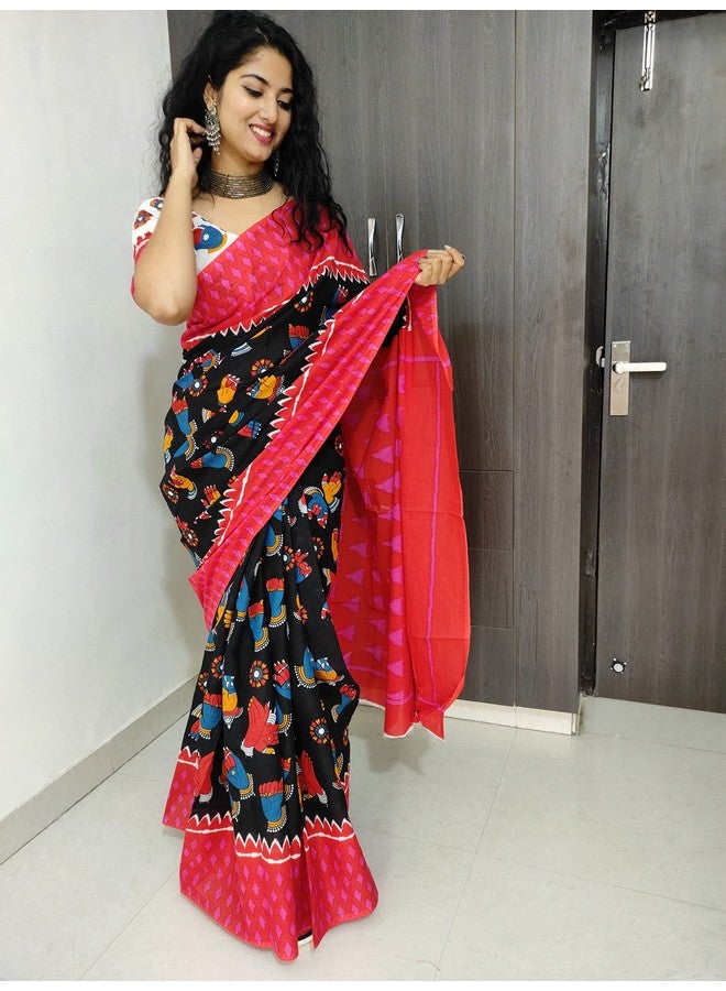 Kiaaron Handicrafts Women's Ikat Hand Block Print Jaipuri Cotton Mulmul Saree with Blouse Piece - _SH_291 - Image 4
