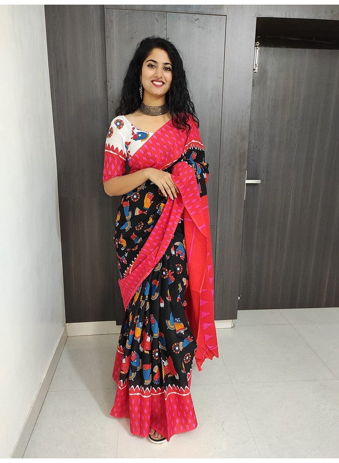 Kiaaron Handicrafts Women's Ikat Hand Block Print Jaipuri Cotton Mulmul Saree with Blouse Piece - _SH_291 - Image 2