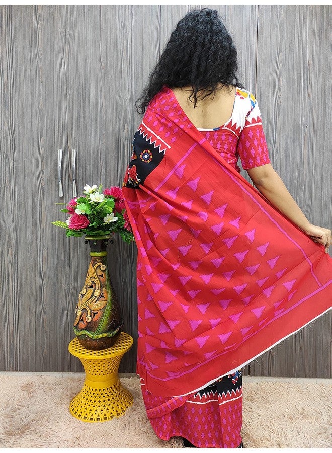 Kiaaron Handicrafts Women's Ikat Hand Block Print Jaipuri Cotton Mulmul Saree with Blouse Piece - _SH_291 - Image 5
