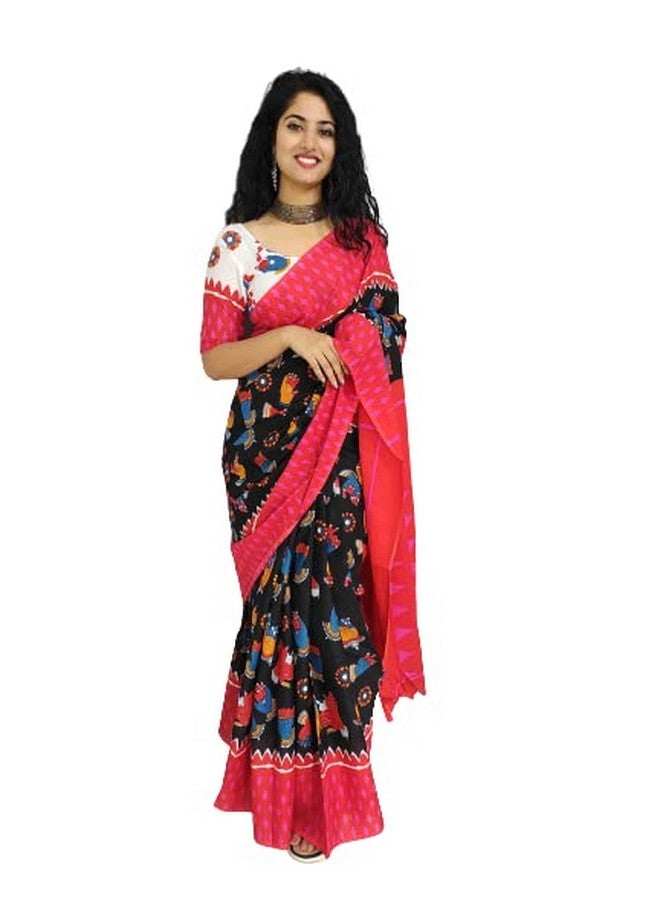 Kiaaron Handicrafts Women's Ikat Hand Block Print Jaipuri Cotton Mulmul Saree with Blouse Piece - _SH_291 - Image 1