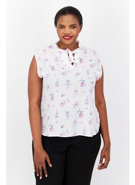 Bar III Women Plus Size Tie Neck Sleeveless Floral Pattern Top, White Combo  - Image 1