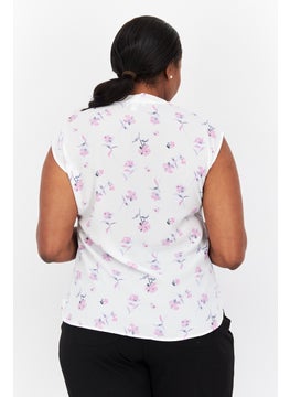 Bar III Women Plus Size Tie Neck Sleeveless Floral Pattern Top, White Combo  - Image 2