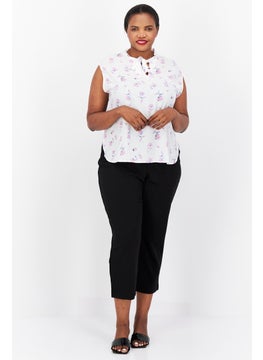 Bar III Women Plus Size Tie Neck Sleeveless Floral Pattern Top, White Combo  - Image 3