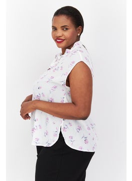 Bar III Women Plus Size Tie Neck Sleeveless Floral Pattern Top, White Combo  - Image 4