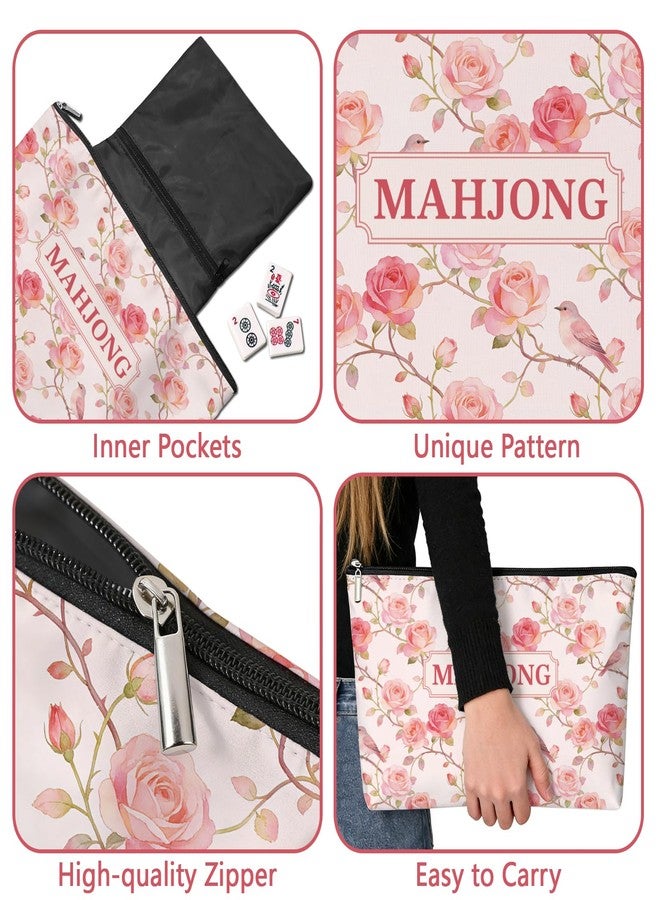 MAYJOYDIY Pink Rose Print Mahjong Storage Bag, Empty Mahjong Tiles Bag with Zipper, 13 x 7.9 Inch Portable Canvas Carrying Pouch for Travel Players Cosmetics Home Use Game Nights - Image 4