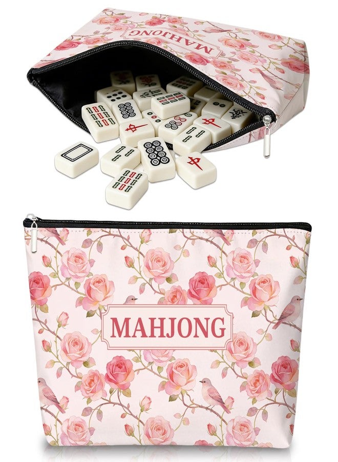 MAYJOYDIY Pink Rose Print Mahjong Storage Bag, Empty Mahjong Tiles Bag with Zipper, 13 x 7.9 Inch Portable Canvas Carrying Pouch for Travel Players Cosmetics Home Use Game Nights - Image 1