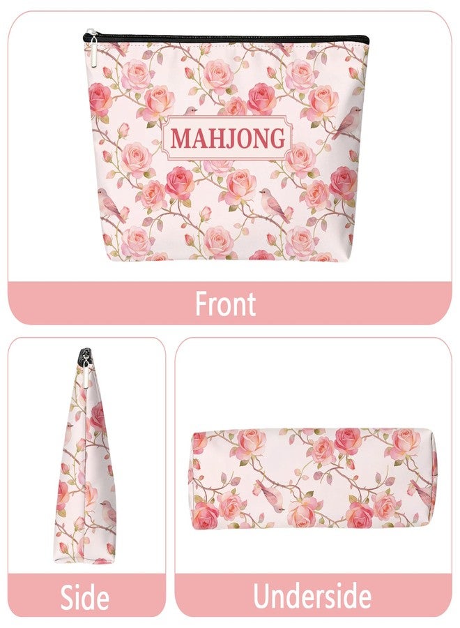 MAYJOYDIY Pink Rose Print Mahjong Storage Bag, Empty Mahjong Tiles Bag with Zipper, 13 x 7.9 Inch Portable Canvas Carrying Pouch for Travel Players Cosmetics Home Use Game Nights - Image 3