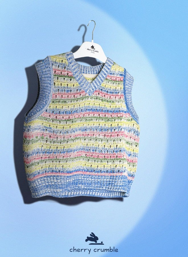شيري كرامبل كنزة شتوية كروشيه متعددة الألوان بنقشة الكرز، مصنوعة من القطن الخالص 100%، بدون أكمام، بياقة على شكل حرف V، مناسبة للارتداء اليومي، بقصة عادية، للأولاد والبنات - Image 2