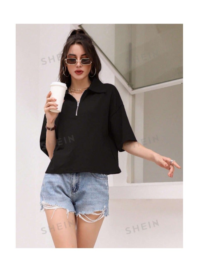 بونكا تي شيرت منخفض الاكتاف سحاب نصف - Image 1