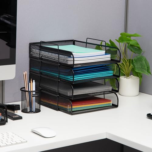 Mind Reader Stackable Paper Tray, Desktop Organizer, File Storage, Office, Metal Mesh, 10.5" L x 13.5" W x 11.25" H, 4 Pcs., Black - Image 2