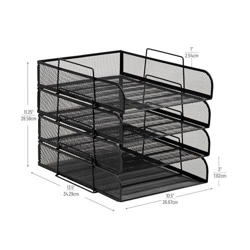 Mind Reader Stackable Paper Tray, Desktop Organizer, File Storage, Office, Metal Mesh, 10.5" L x 13.5" W x 11.25" H, 4 Pcs., Black - Image 3