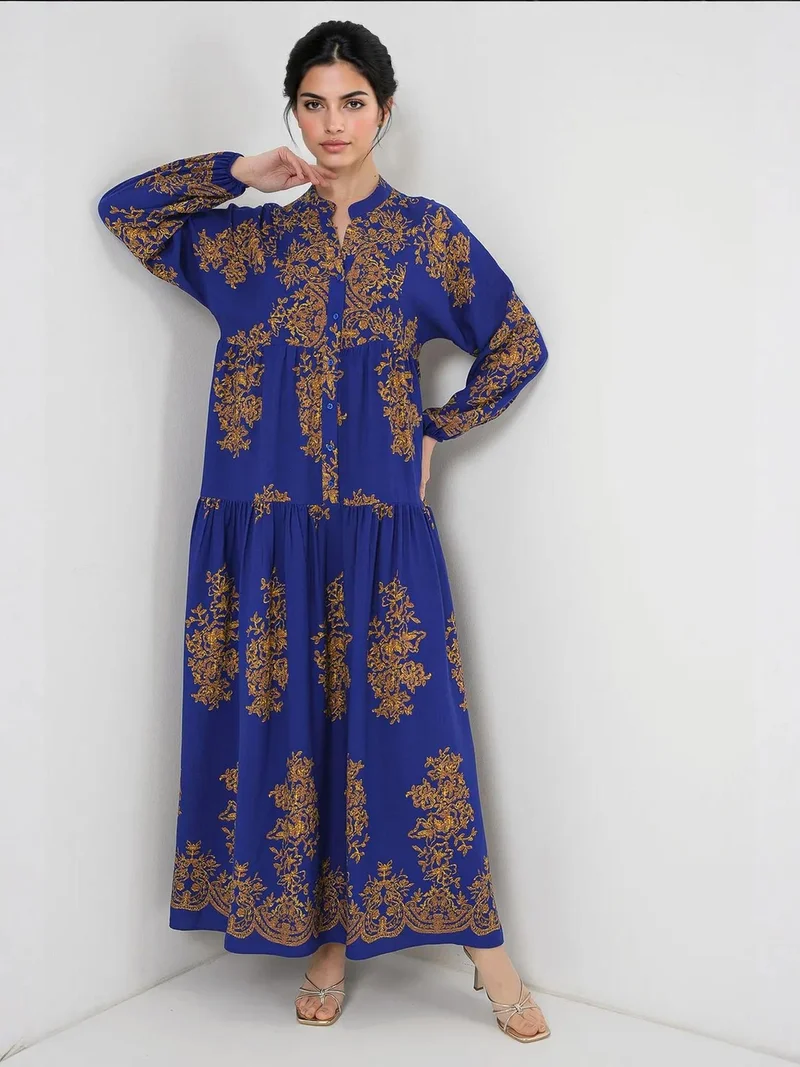 BDART Printed V-Neck Maxi Dress with Button Closure