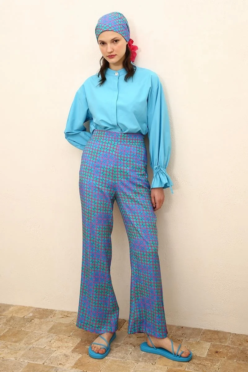 Allday Fuchsia-Turquoise-Spanish Elastic Waist Patterned Viscose Trousers