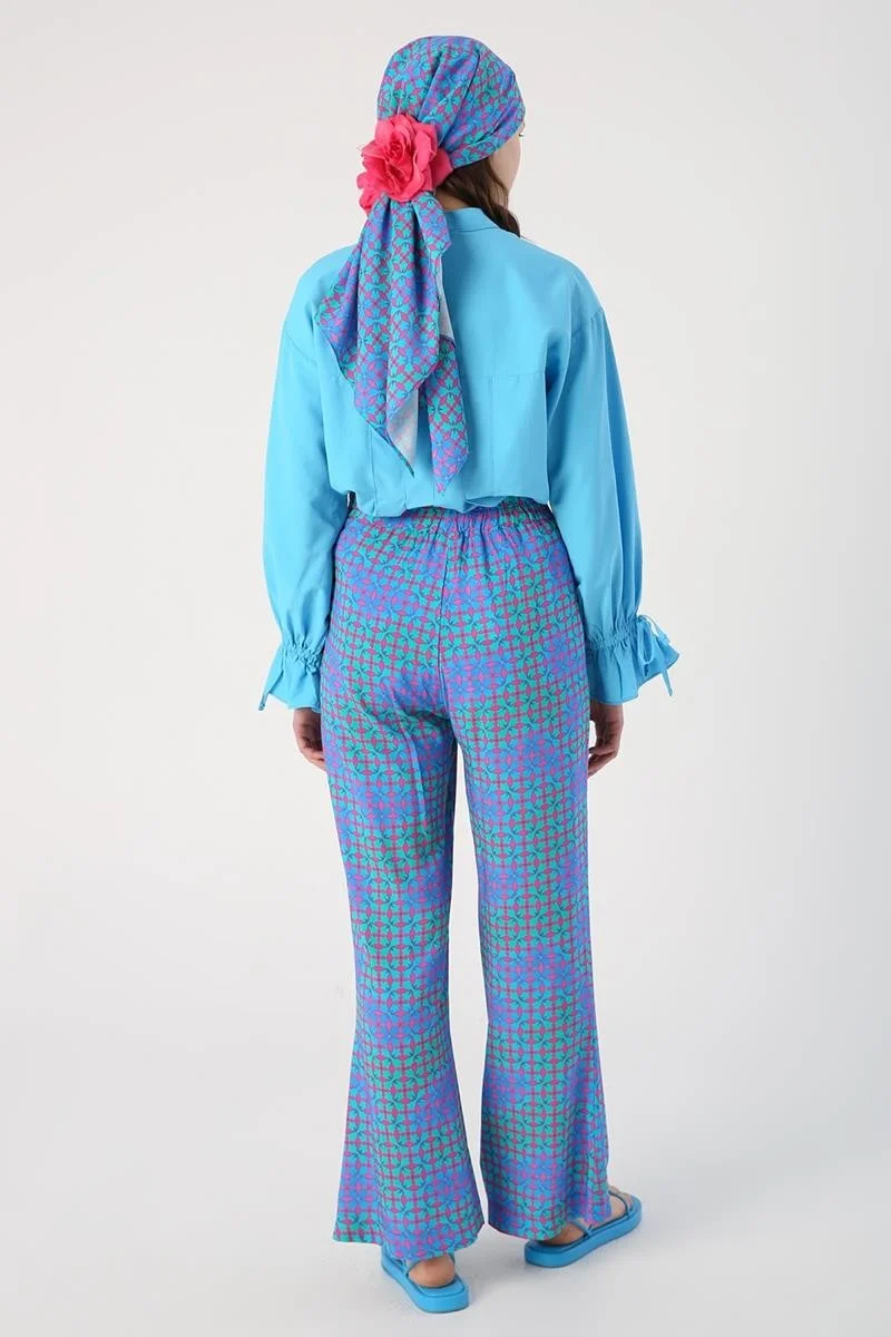 Allday Fuchsia-Turquoise-Spanish Elastic Waist Patterned Viscose Trousers