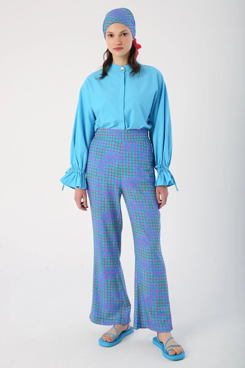 Allday Fuchsia-Turquoise-Spanish Elastic Waist Patterned Viscose Trousers