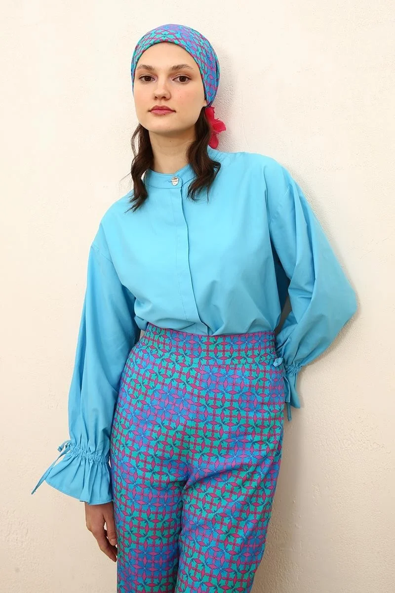 Allday Fuchsia-Turquoise-Spanish Elastic Waist Patterned Viscose Trousers