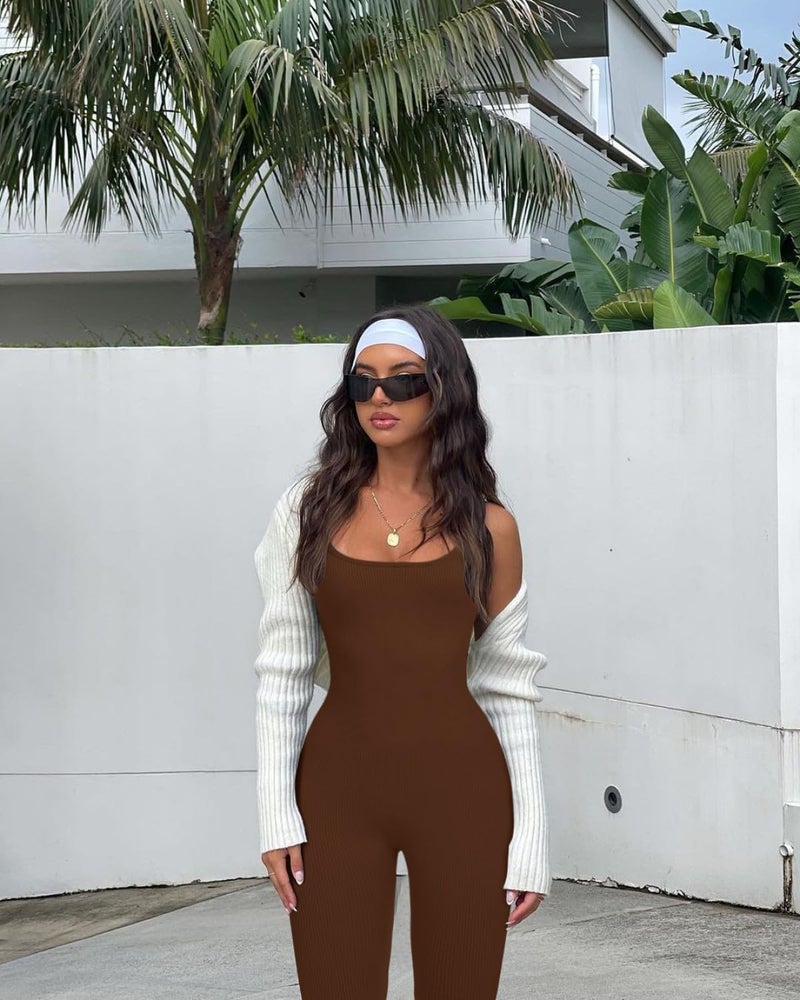 OLCHEE Womens Workout Rompers Jumpsuits Seamless Ribbed Yoga Gym One Piece Sleeveless Square Neck Tank Top Leggings Unitard - Brown Small - Image 4
