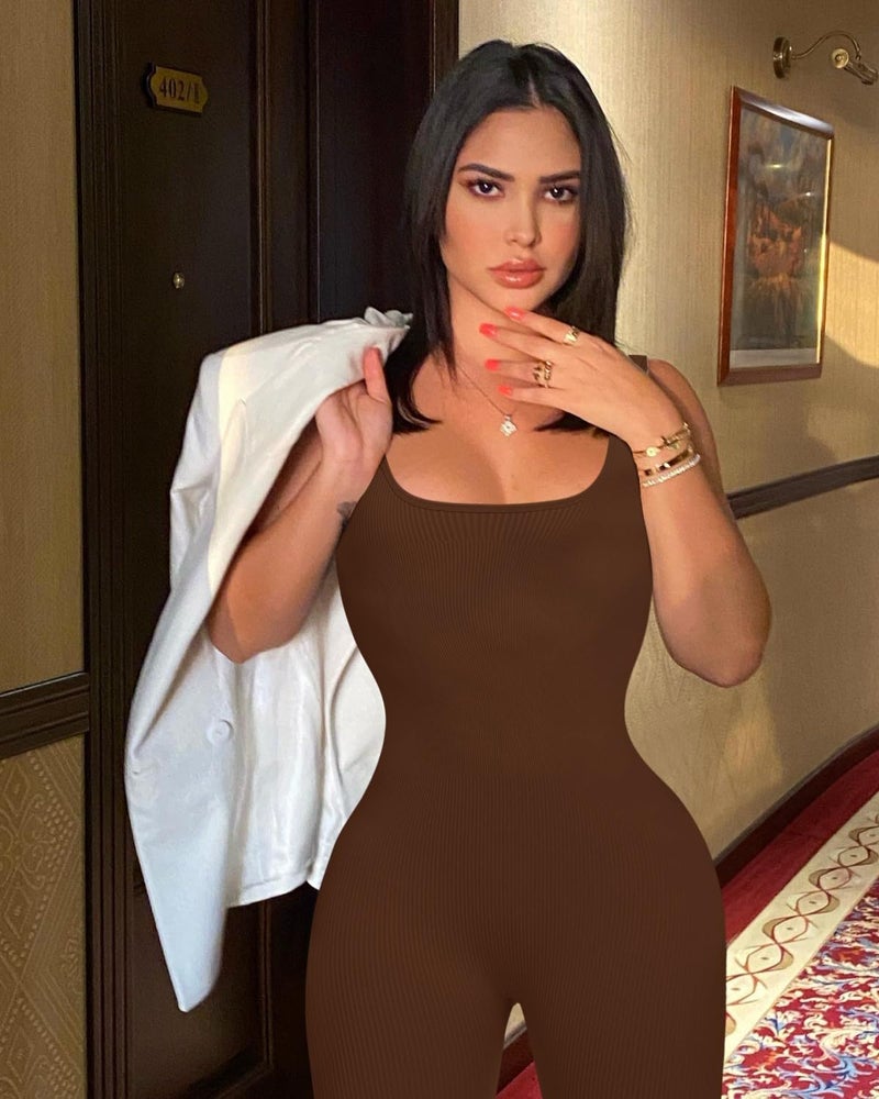 OLCHEE Womens Workout Rompers Jumpsuits Seamless Ribbed Yoga Gym One Piece Sleeveless Square Neck Tank Top Leggings Unitard - Brown Small - Image 1