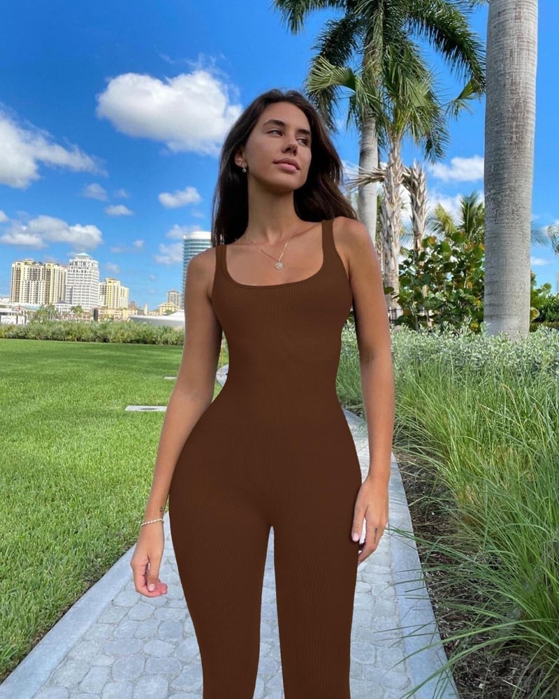 OLCHEE Womens Workout Rompers Jumpsuits Seamless Ribbed Yoga Gym One Piece Sleeveless Square Neck Tank Top Leggings Unitard - Brown Small - Image 2