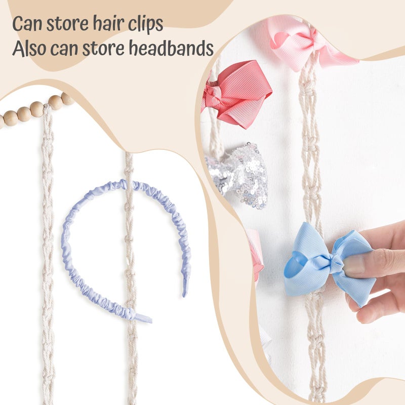 Dahey Macrame Bow Holder Hanging Hair Bow Organizer for Baby Girls Boho Wall Decor Handmade Headband Holder with wood beads Storage Hair Clips for Baby Nursery Room,1 PCS, Clips and Bows Not Included - Image 4