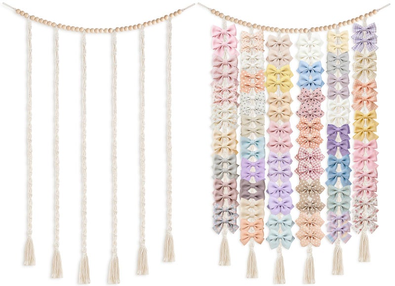 Dahey Macrame Bow Holder Hanging Hair Bow Organizer for Baby Girls Boho Wall Decor Handmade Headband Holder with wood beads Storage Hair Clips for Baby Nursery Room,1 PCS, Clips and Bows Not Included - Image 1
