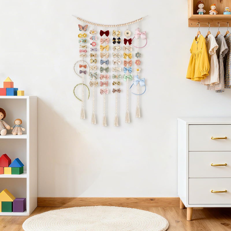 Dahey Macrame Bow Holder Hanging Hair Bow Organizer for Baby Girls Boho Wall Decor Handmade Headband Holder with wood beads Storage Hair Clips for Baby Nursery Room,1 PCS, Clips and Bows Not Included - Image 2