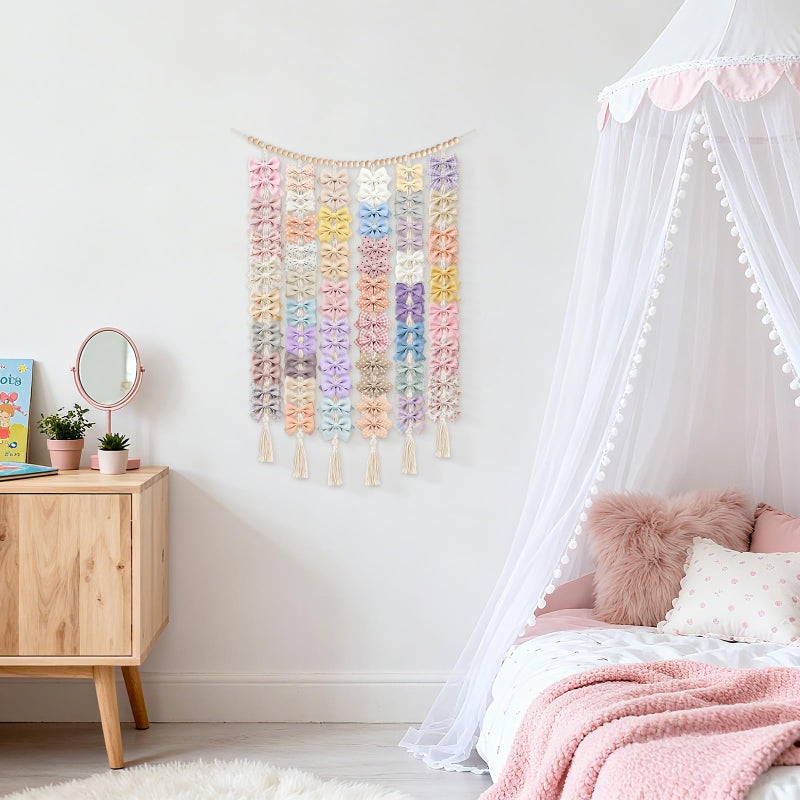 Dahey Macrame Bow Holder Hanging Hair Bow Organizer for Baby Girls Boho Wall Decor Handmade Headband Holder with wood beads Storage Hair Clips for Baby Nursery Room,1 PCS, Clips and Bows Not Included - Image 3