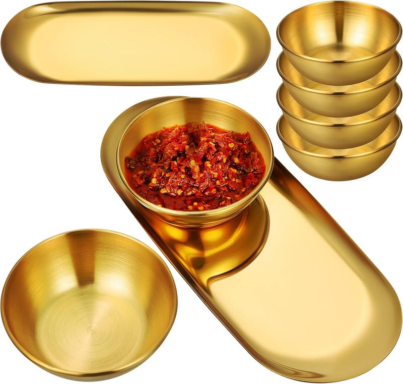Hemoton Golden Stainless Steel Sauce Dip Bowls Set of 6 with 2 Oval Decorative Trays Small Soy Sauce Dishes for Sushi Snacks Appetizers and Dipping Bowl 354 X 236 X 118 Inches - Image 1