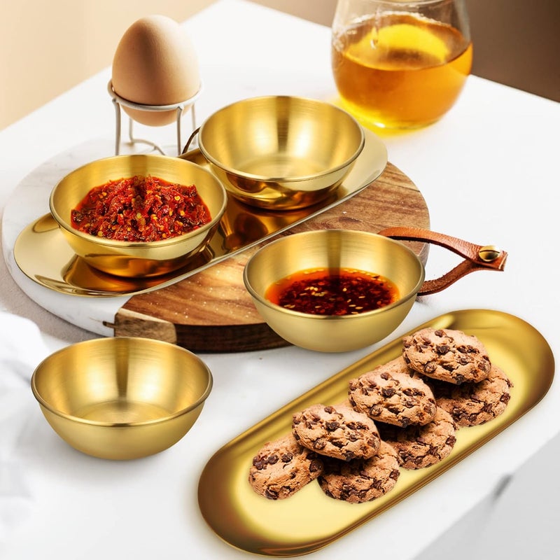Hemoton Golden Stainless Steel Sauce Dip Bowls Set of 6 with 2 Oval Decorative Trays Small Soy Sauce Dishes for Sushi Snacks Appetizers and Dipping Bowl 354 X 236 X 118 Inches - Image 2