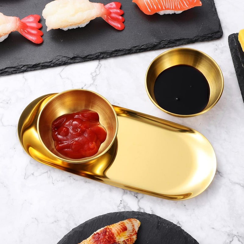 Hemoton Golden Stainless Steel Sauce Dip Bowls Set of 6 with 2 Oval Decorative Trays Small Soy Sauce Dishes for Sushi Snacks Appetizers and Dipping Bowl 354 X 236 X 118 Inches - Image 4