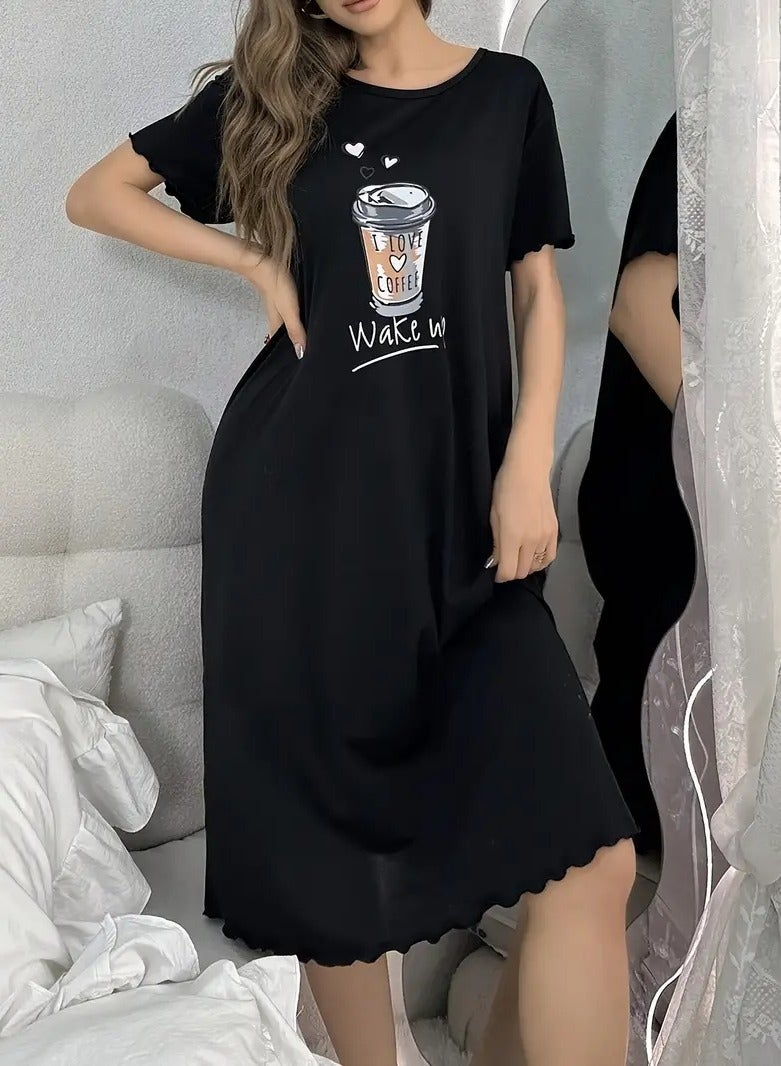 Casual Cool Soft Comfortable Sleep Loose Short Casual Ruffle Elegant Coffee Cup Print Short Sleeve Round Collar Comfortable Home Dress Size XL  - Image 1