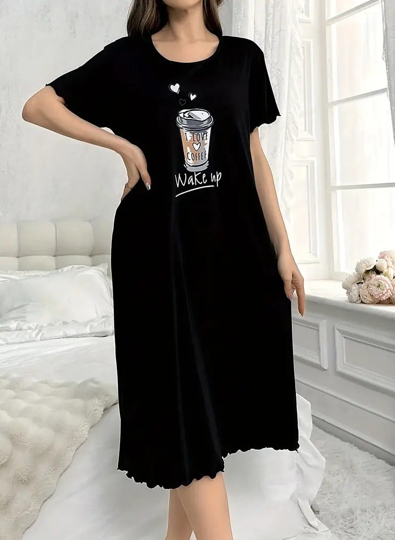 Casual Cool Soft Comfortable Sleep Loose Short Casual Ruffle Elegant Coffee Cup Print Short Sleeve Round Collar Comfortable Home Dress Size XL  - Image 3