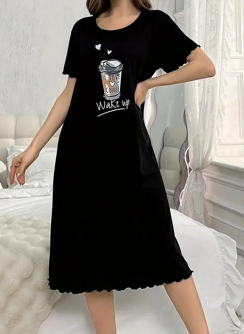 Casual Cool Soft Comfortable Sleep Loose Short Casual Ruffle Elegant Coffee Cup Print Short Sleeve Round Collar Comfortable Home Dress Size XL  - Image 4
