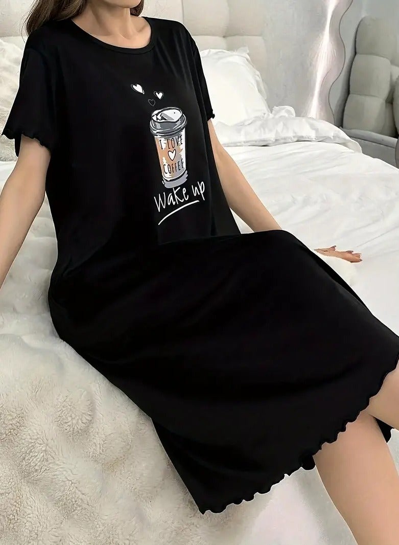 Casual Cool Soft Comfortable Sleep Loose Short Casual Ruffle Elegant Coffee Cup Print Short Sleeve Round Collar Comfortable Home Dress Size XL  - Image 5