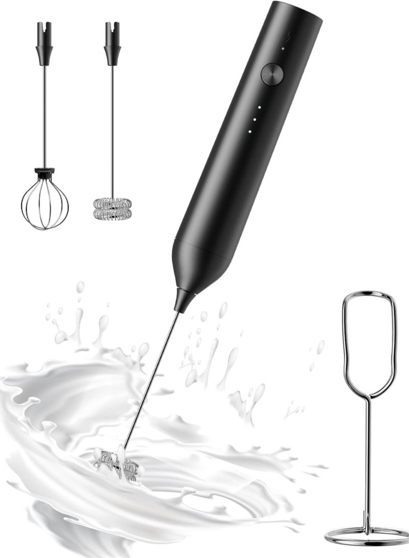 أونليماي فقط جهاز خفق الحليب القابل لإعادة الشحن مع حامل، عصا خفق كهربائية محمولة لصانع رغوة القهوة، خفاقة قابلة للفصل من الفولاذ المقاوم للصدأ، خلاط مشروبات رغوي للاتيه والكابتشينو والشوكولاتة الساخنة والبيض (أسود) - Image 1