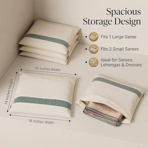 RNTR® Cotton Saree Bags/Covers For Storage Set Of - 12 Big Size Single (16 X 14 Inches) With Zip Closure For Clothes Bags And Wardrobe Organizer With Transparent Mesh Window, Beige - Image 2